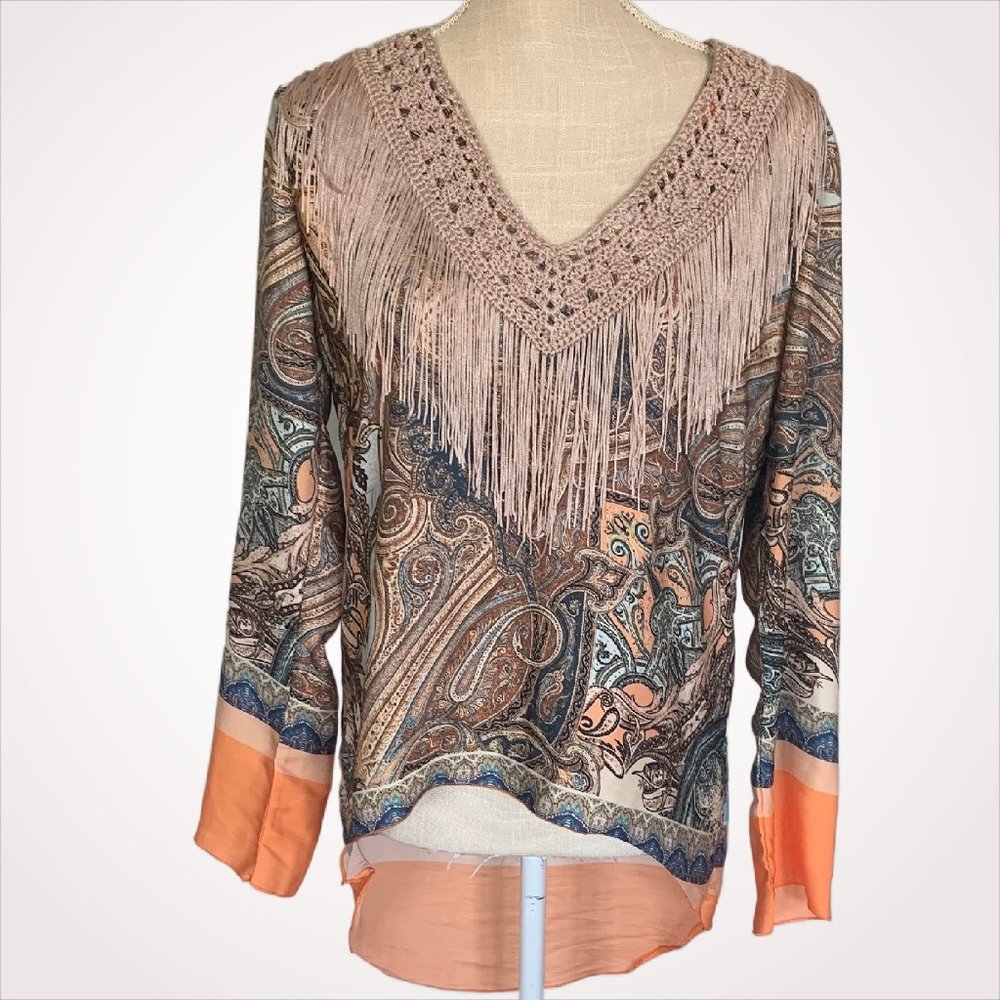 Laurie & Joe Boho Paisley Fringe Tassel Long Sleeve Top - Multi Color Viscose